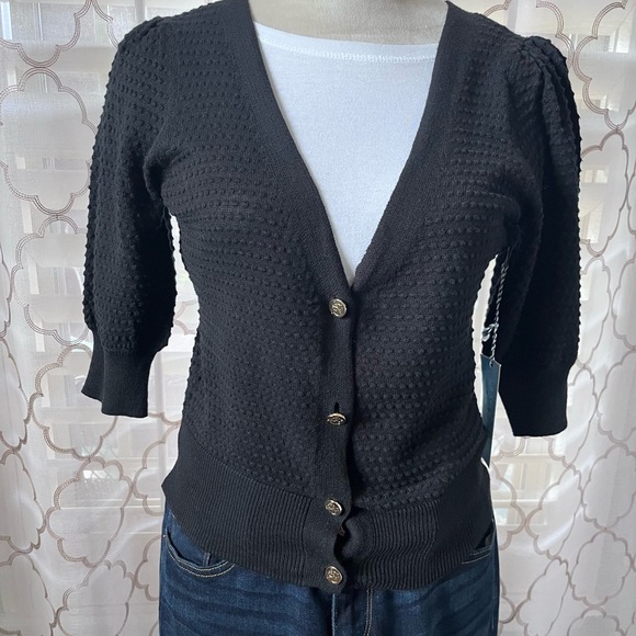 Draper James RSVP Black Cardigan Elbow Length Puff Sleeves. Gold Buttons XS - Picture 1 of 4